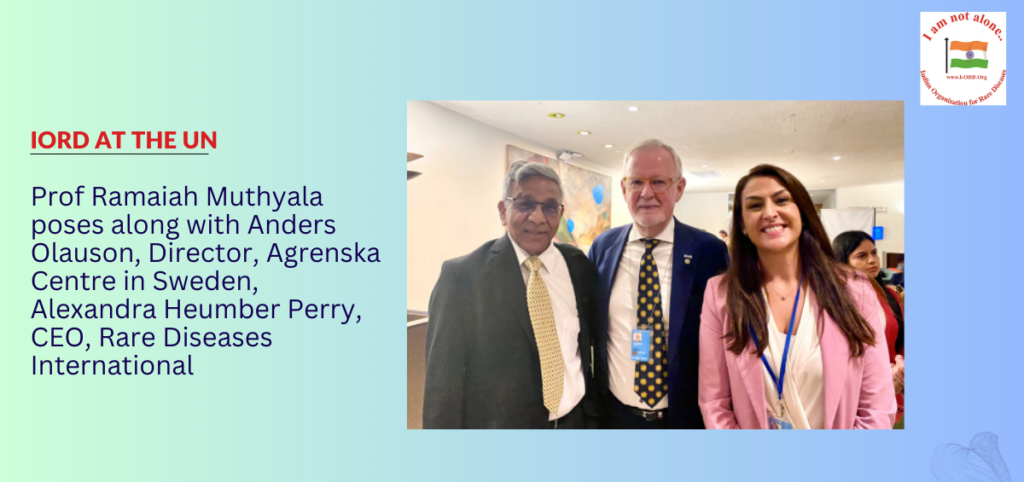 Prof Ramaiah Muthyala poses along with Anders Olauson, Director, Agrenska Centre in Sweden, Alexandra Heumber Perry, CEO, Rare Diseases International