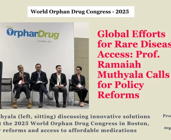 Prof. Ramaiah Muthyala (left, sitting) discussing innovative solutions for rare diseases at the 2025 World Orphan Drug Congress in Boston. With a focus on policy reforms and access to affordable medications, the panel addressed the urgent need for systemic change in rare disease care globally