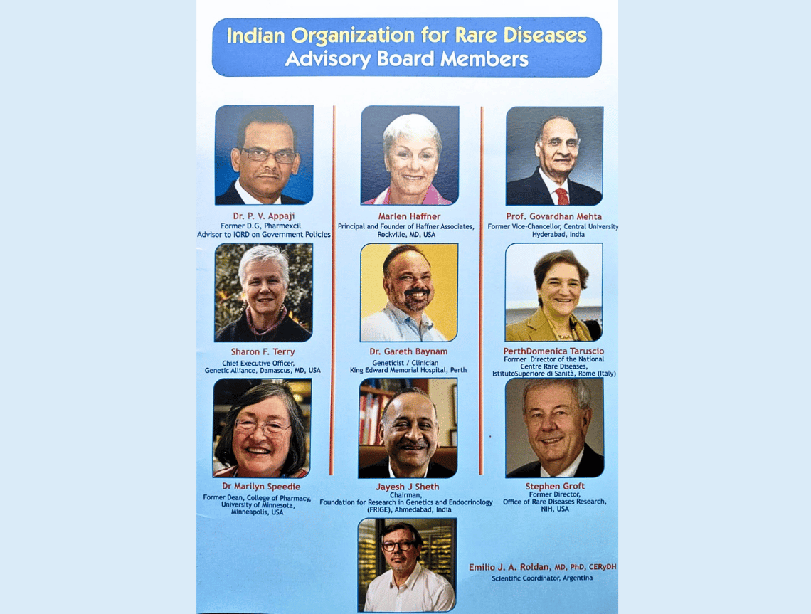 Indian Organization for Rare Diseases (IORD) Advisory Board Members with Dr. P. V. Appaji, Marlen Haffner, Prof. Govardhan Mehta, Sharon F. Terry, Dr. Gareth Baynam, PerthDomenica Taruscio, Dr. Marilyn Speedie, Jayesh J. Sheth, Stephen Groft, and Emilio J. A. Roldan, representing global leadership in rare disease research, policy, advocacy, genetics, and healthcare.