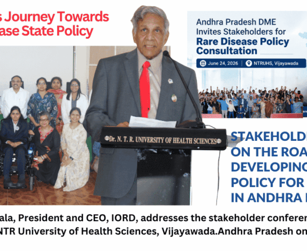 1. Prof. Ramaiah Muthyala, President and CEO, IORD, addresses the stakeholder conference on rare disease care in Andhra Pradesh.